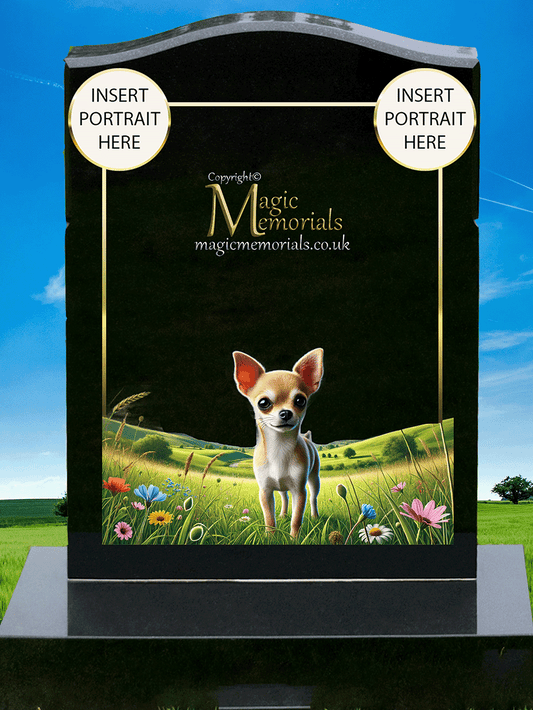 Chihuahua Lover Memorial Headstone made from premium granite, featuring high-resolution Chihuahua imagery and a personalised inscription. A beautiful and lasting tribute for lovers of this small but bold breed.