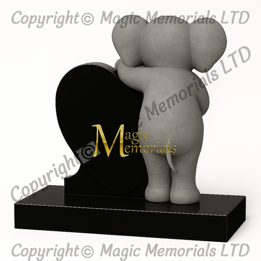Front-facing 3D carved animal headstone for children in polished granite—designed and copyright Magic Memorials