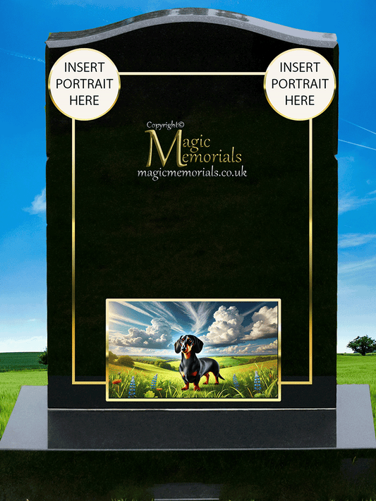 Dachshund Lover Memorial Headstone made from premium granite, featuring high-resolution Dachshund imagery and a personalised inscription. A touching tribute for lovers of this loyal and lively breed.