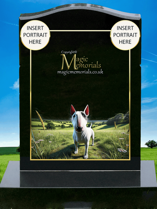 English Bull Terrier Lover Memorial Headstone crafted from premium granite, featuring high-resolution Bull Terrier imagery and a personalised inscription. A lasting tribute for devoted Bull Terrier fans.