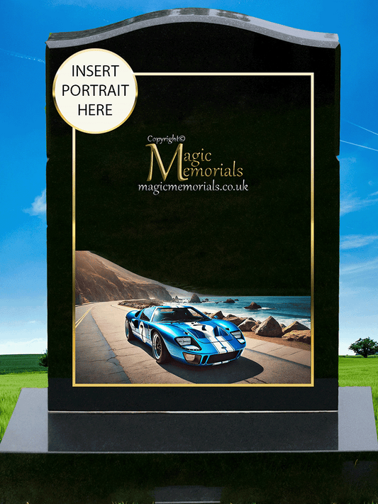 Ford Enthusiast Memorial Headstone crafted from premium granite, featuring a beautifully engraved Ford car, truck, or emblem. A meaningful tribute for Ford lovers, fully customisable with inscriptions and artwork.
