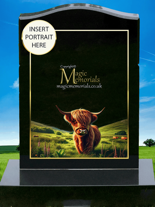 Illustrated highland cattle design for a farm memorial, featuring a detailed and artistic depiction suitable for headstones or plaques.