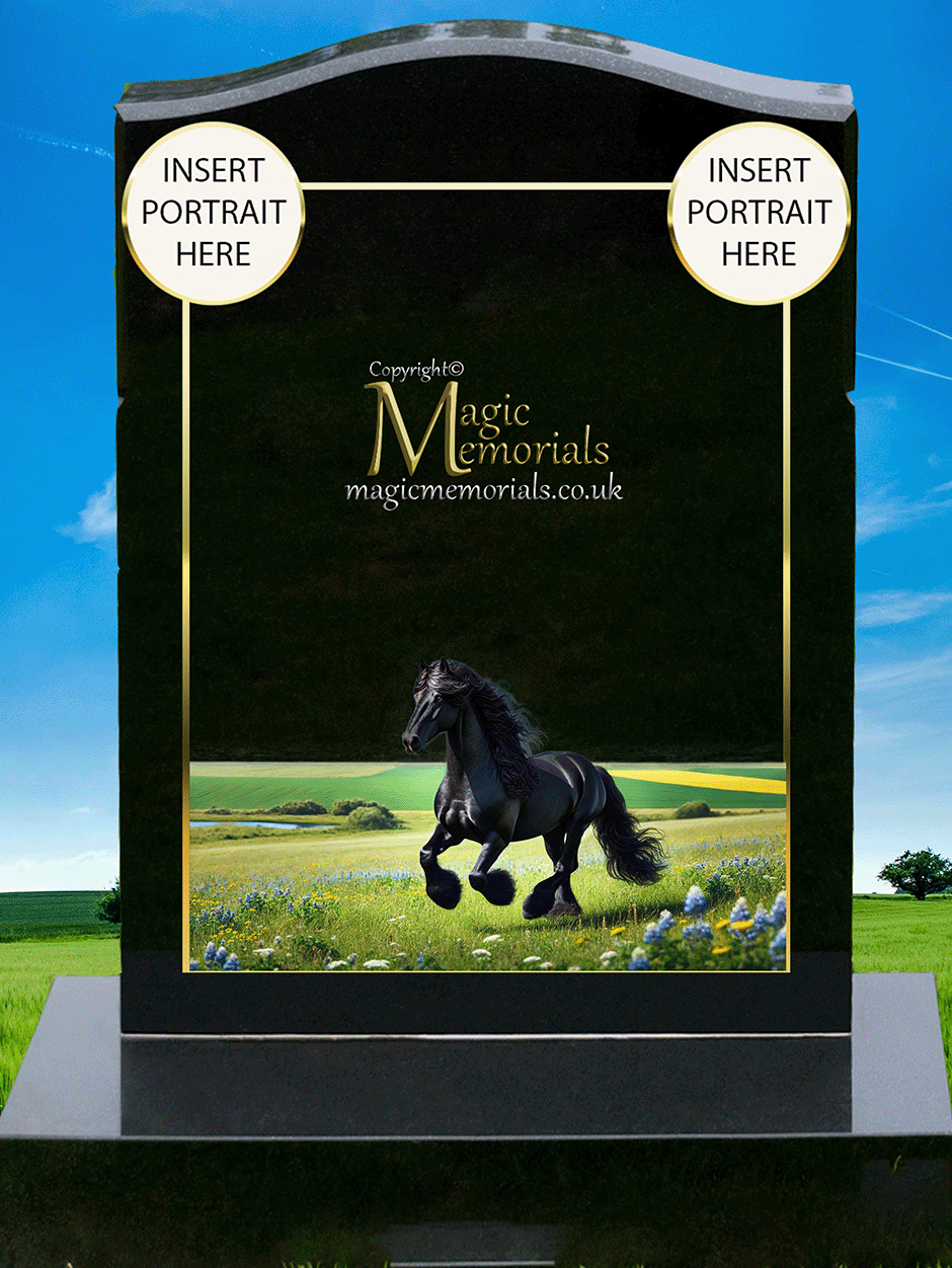 Horse memorial headstone crafted from premium granite, featuring a beautifully detailed engraving of a horse. A perfect tribute for equestrians, horse lovers, and those with a deep connection to these majestic animals.