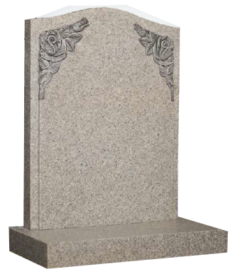 OGEE headstone in light grey granite with carved roses, fully customisable with high-resolution images and personalised inscriptions. Available in multiple granite colours.