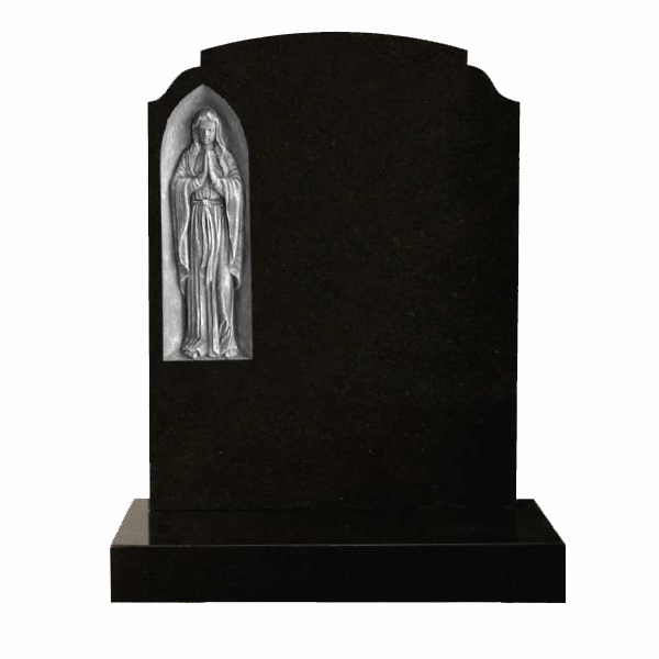 Arch top granite headstone with structured shoulders and Our Lady of Lourdes carving, fully customisable with high-resolution images and personalised inscriptions. Available in a range of colours.