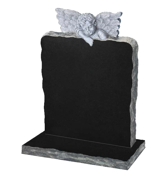 Granite headstone with hand-carved little cherub and natural rustic edges, fully customisable with high-resolution images and personalised inscriptions.