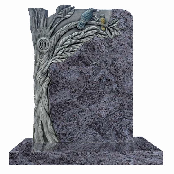 Granite headstone featuring a hand-carved tree with birds in flight, fully customisable with high-resolution images and personalised inscriptions.