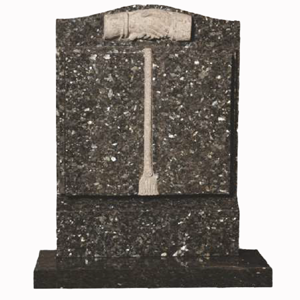 Granite headstone featuring a traditional book design with a detailed carving of shaking hands, fully customisable with high-resolution images and personalised inscriptions.