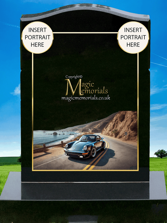 Porsche Enthusiast Memorial Headstone crafted from premium granite, featuring a beautifully engraved Porsche model or emblem. A meaningful tribute for Porsche lovers, fully customisable with inscriptions and artwork.