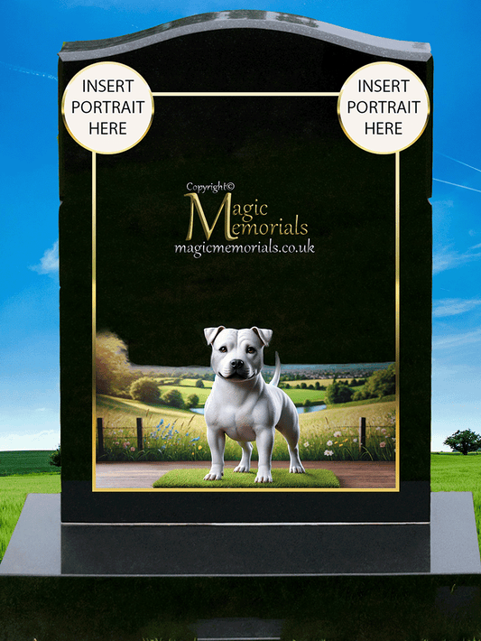 Staffordshire Bull Terrier Lover Memorial Headstone made from premium granite, featuring high-resolution Staffie imagery and a personalised inscription. A strong and meaningful tribute for Staffie owners and fans