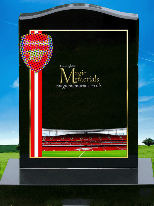 Arsenal FC Supporter Memorial Headstone crafted from premium granite, featuring high-resolution images and a personalised inscription. A meaningful tribute for devoted Gunners fans, fully customisable with names, dates, and heartfelt messages.