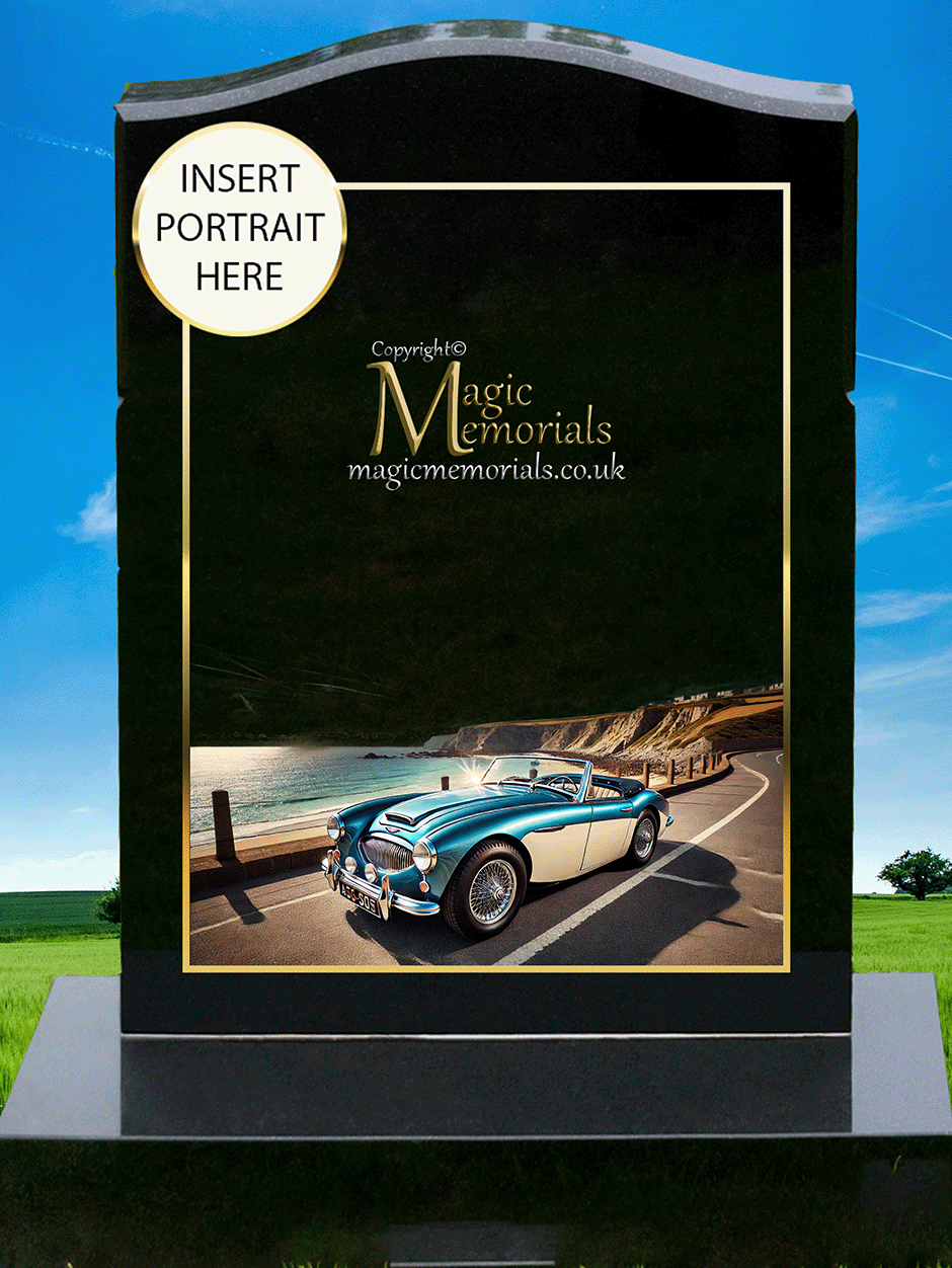 British Car Enthusiast Memorial Headstone crafted from premium granite, featuring a beautifully engraved Aston Martin, Bentley, Jaguar, Rolls-Royce, Lotus, Mini, or other British car design. A meaningful tribute for classic and modern British car lovers, fully customisable with inscriptions and artwork.