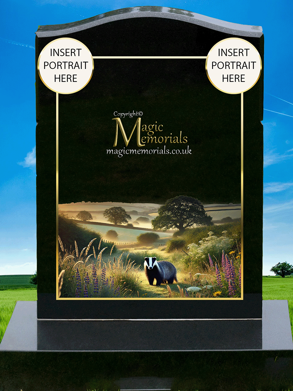 British Wild Animal Memorial Headstone crafted from premium granite, featuring a detailed engraving of native wildlife such as a fox, deer, owl, or badger. A lasting tribute for nature lovers and outdoor enthusiasts.