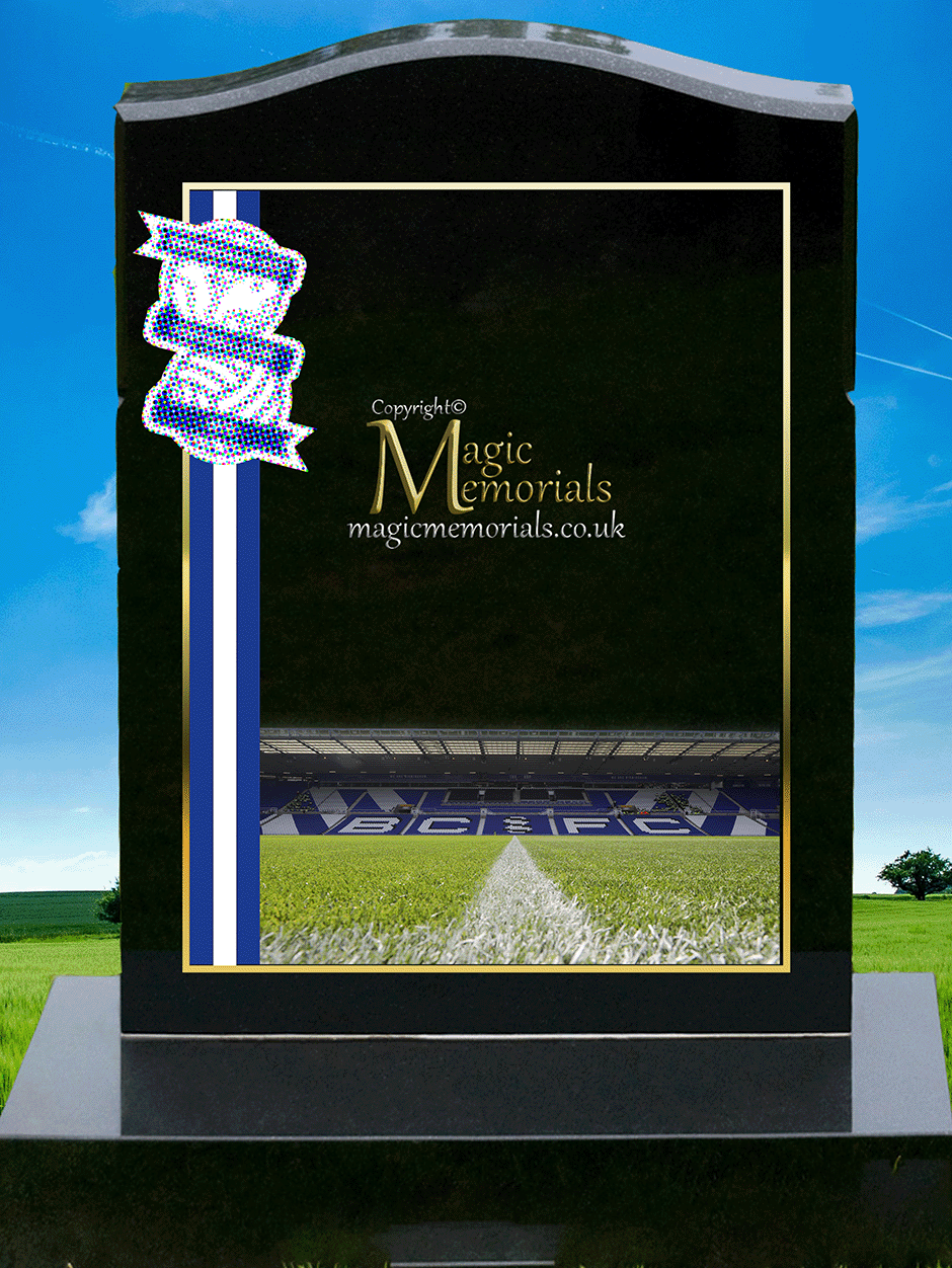 Birmingham City Supporter Memorial Headstone crafted from premium granite, featuring high-resolution images and a personalised inscription. A meaningful tribute for devoted Bluenose fans, fully customisable with names, dates, and heartfelt messages.