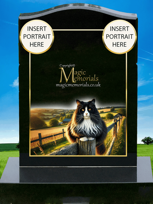 Black and White Cat Lover Memorial Headstone made from premium granite, featuring high-resolution imagery of a black and white cat and personalised inscription. A timeless tribute for cat lovers.