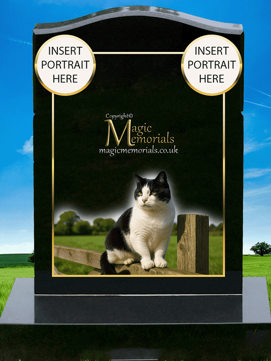 Black and White Cat Lover Memorial Headstone made from premium granite, featuring high-resolution imagery of a black and white cat and personalised inscription. A timeless tribute for cat lovers.