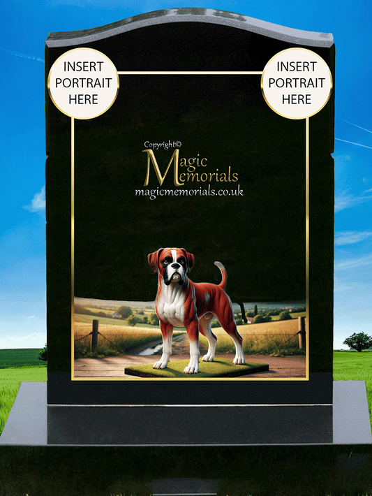 Boxer Lover Memorial Headstone crafted from premium granite, featuring high-resolution Boxer imagery and a personalised inscription. A heartfelt tribute for fans of this loyal and playful breed.