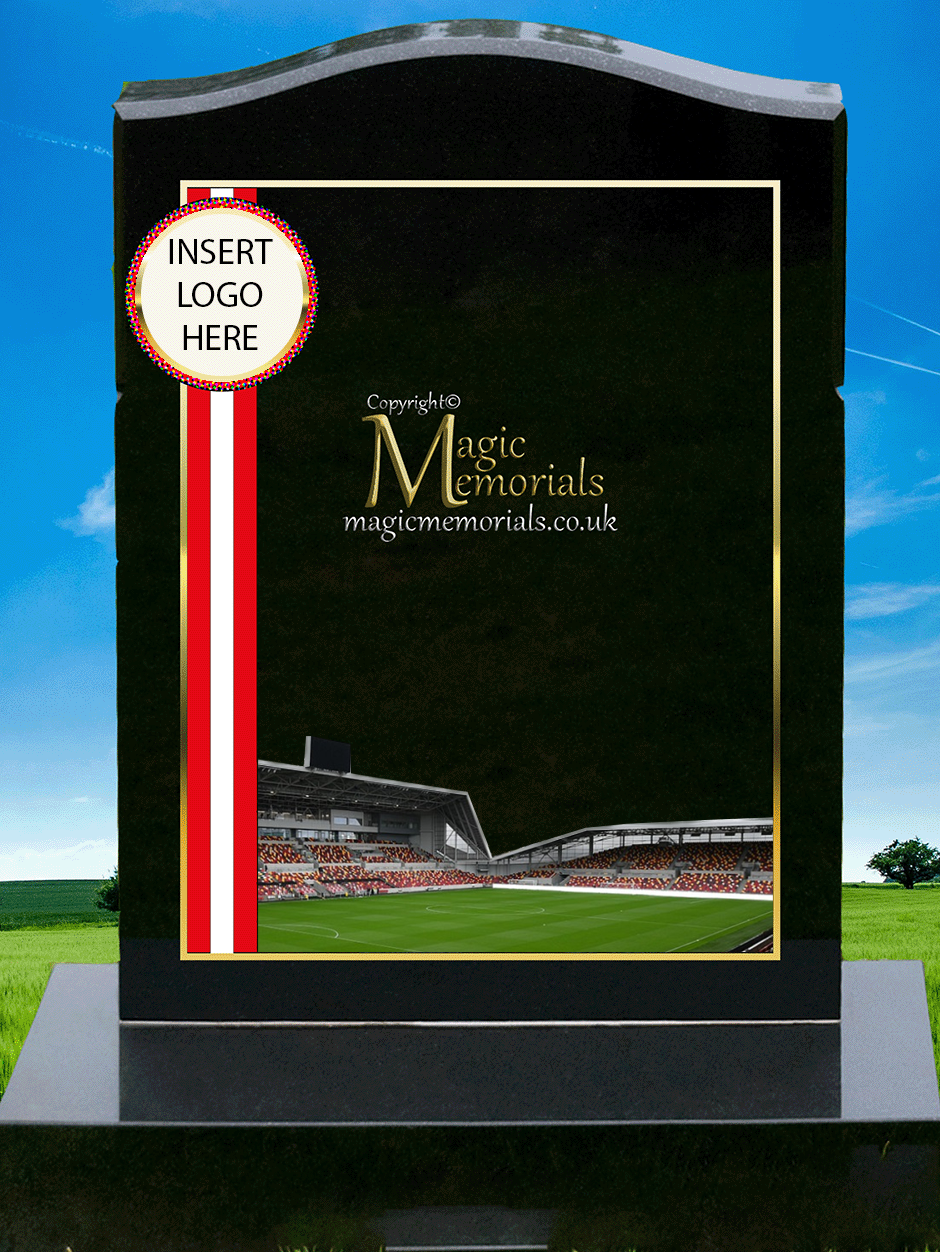 Brentford Supporter Memorial Headstone crafted from premium granite, featuring high-resolution images and a personalised inscription. A meaningful tribute for devoted Bees fans, fully customisable with names, dates, and heartfelt messages.