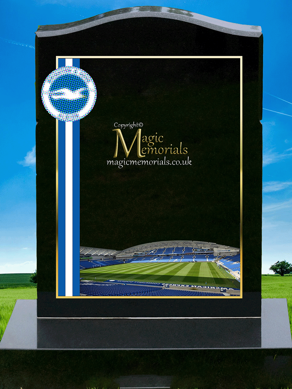Brighton & Hove Albion Supporter Memorial Headstone crafted from premium granite, featuring high-resolution images and a personalised inscription. A meaningful tribute for devoted Seagulls fans, fully customisable with names, dates, and heartfelt messages.