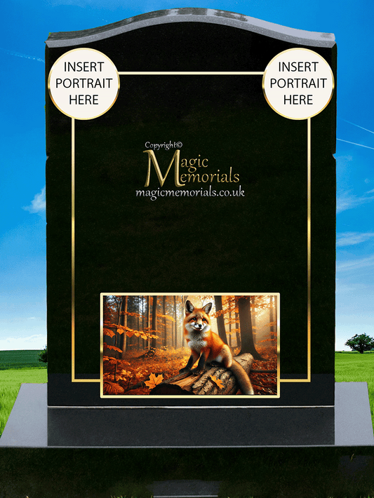 British Wild Animal Memorial Headstone crafted from premium granite, featuring a detailed engraving of native wildlife such as a fox, deer, owl, or badger. A lasting tribute for nature lovers and outdoor enthusiasts.