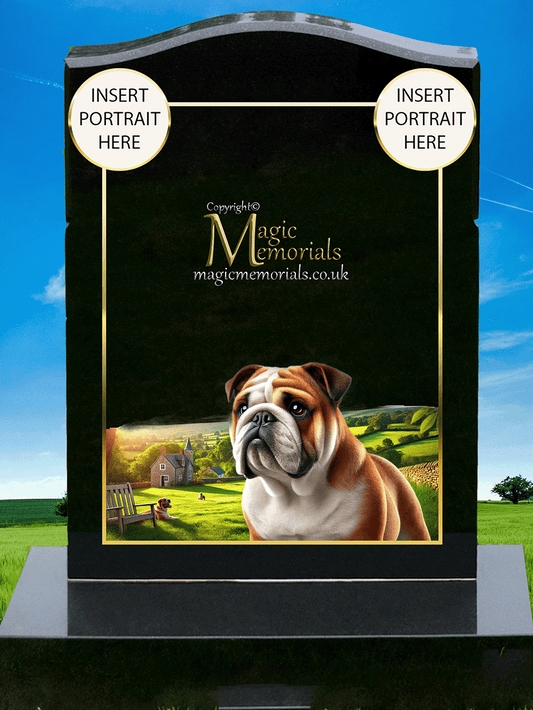 British Bulldog Lover Memorial Headstone crafted from premium granite, featuring high-resolution bulldog imagery and personalised inscriptions. A meaningful tribute for dog lovers and British bulldog enthusiasts.