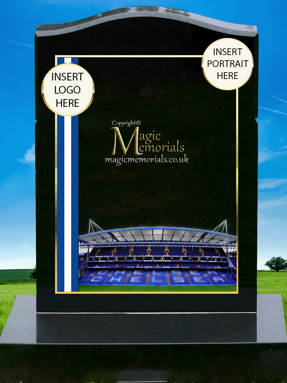 Chelsea FC Supporter Memorial Headstone crafted from premium granite, featuring high-resolution images and a personalised inscription. A meaningful tribute for devoted Blues fans, fully customisable with names, dates, and heartfelt messages.
