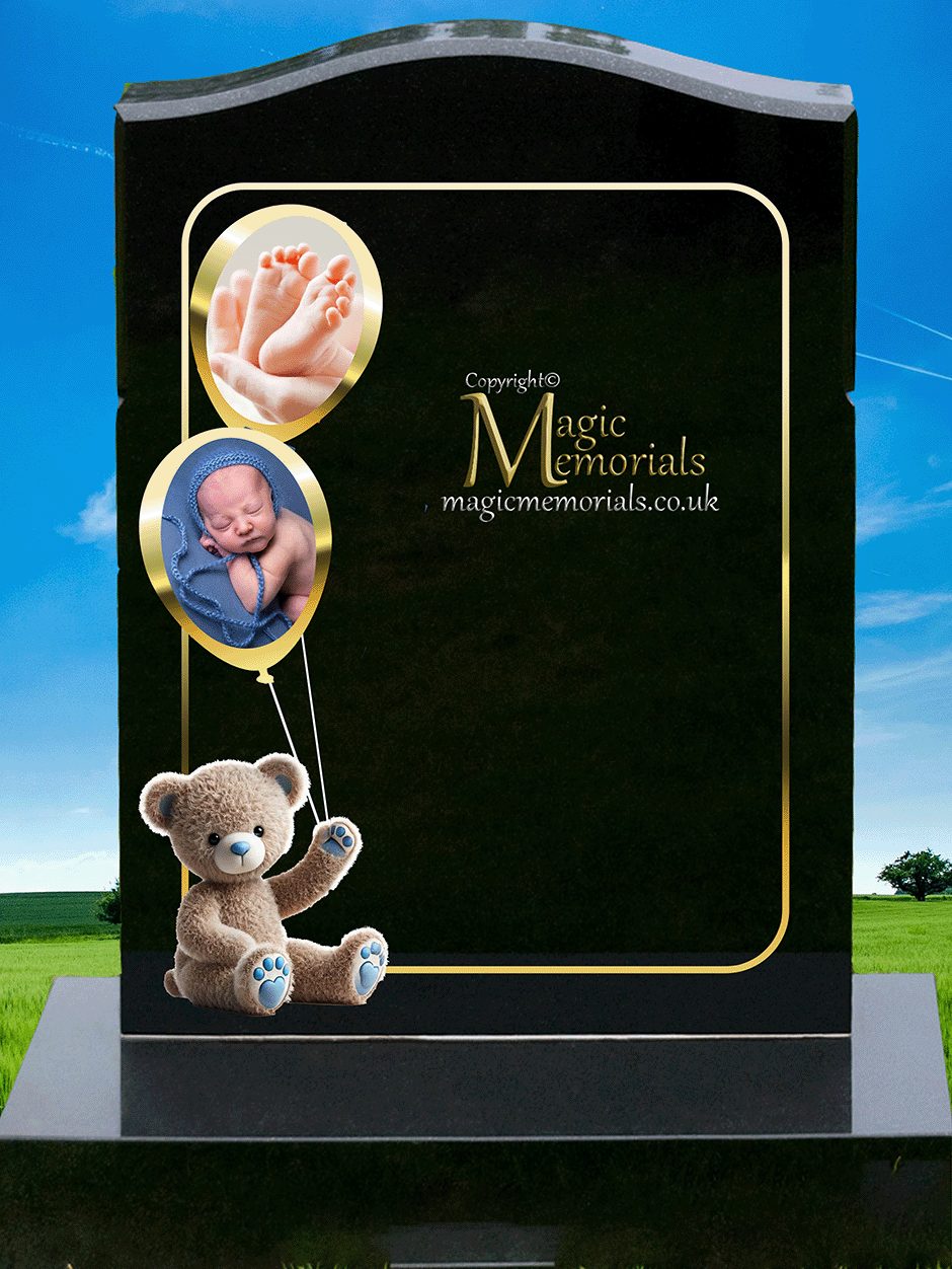 Children’s memorial headstone crafted from premium granite, featuring a colourful balloon design and personalised inscriptions. A gentle, uplifting tribute to honour young lives.