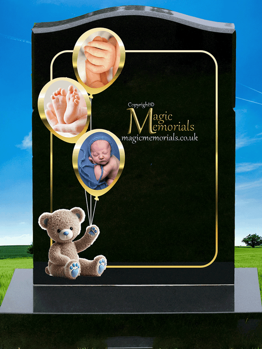 Children’s memorial headstone crafted from premium granite, featuring a colourful balloon design and personalised inscriptions. A gentle, uplifting tribute to honour young lives.