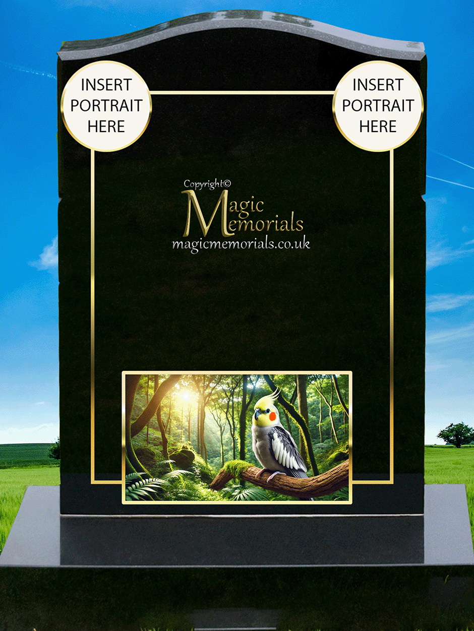 Cockatiel & Cockatoo Memorial Headstone crafted from premium granite, featuring a beautifully engraved cockatiel or cockatoo. A heartfelt tribute for a bird lover, symbolising their passion and connection to these intelligent and affectionate birds.