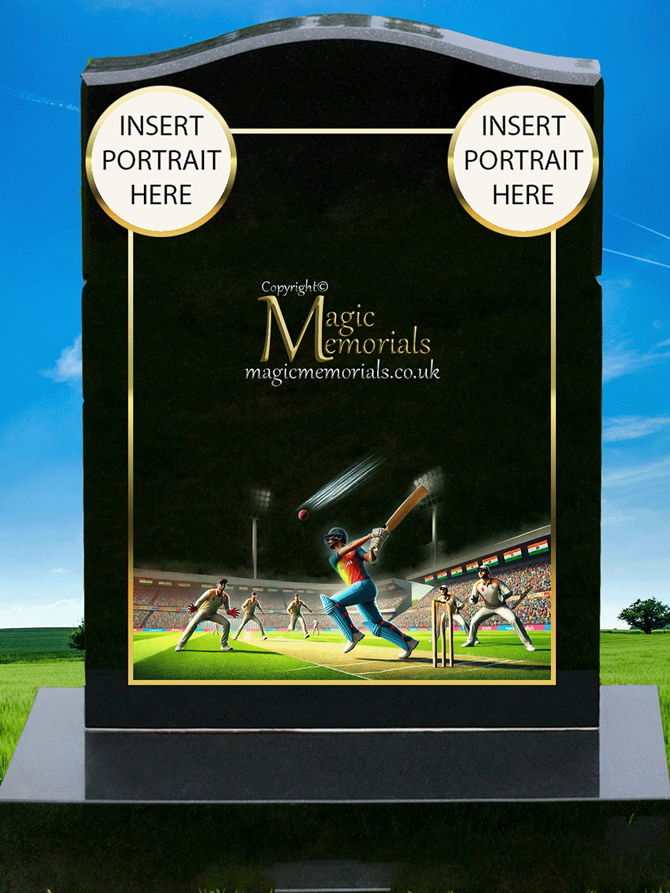Cricket memorial headstone crafted from premium granite, featuring high-resolution imagery of cricket bats, stumps, and a personalised inscription. A fitting tribute for a player, fan, or lifelong follower of the game.