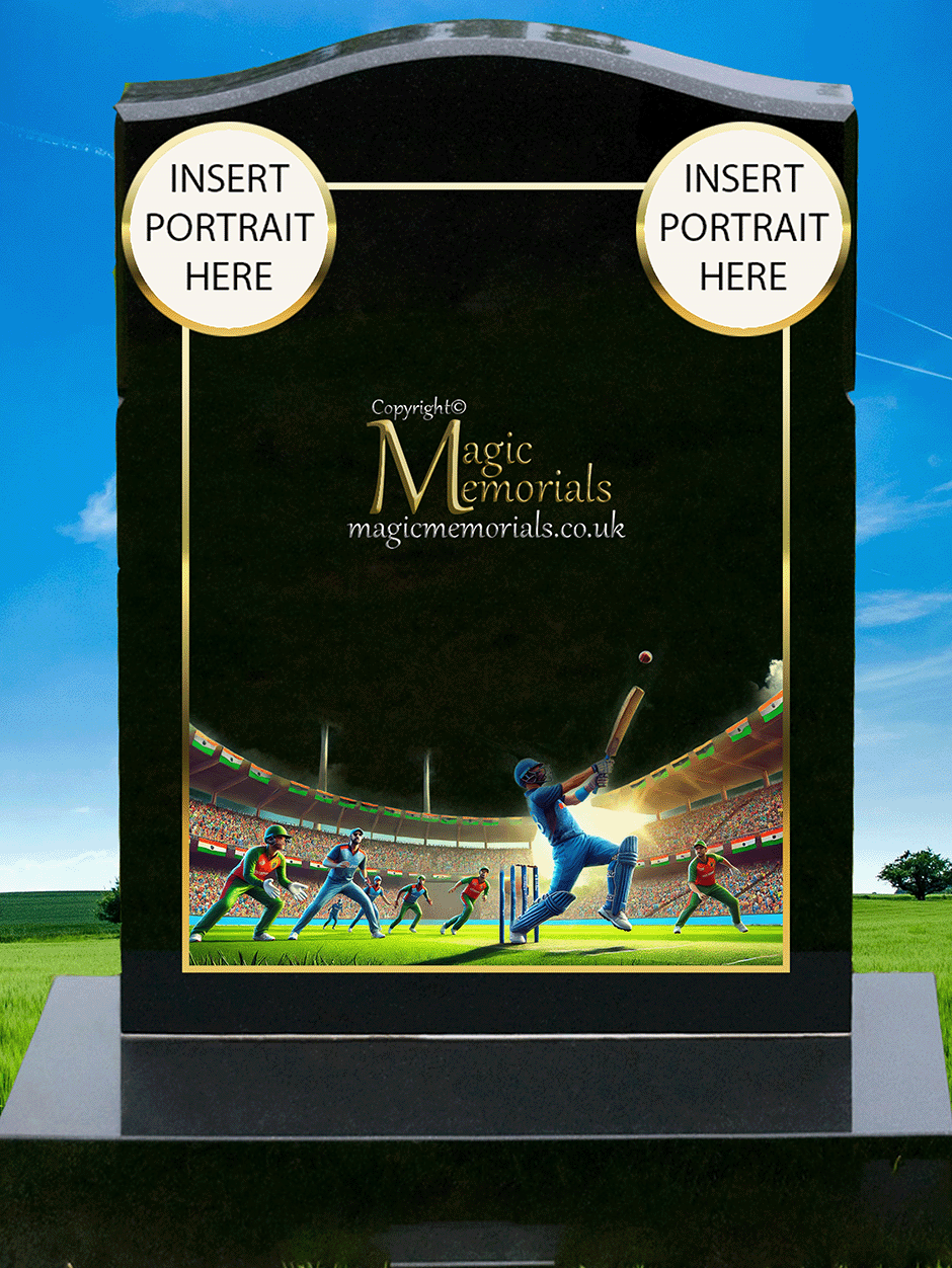 Cricket memorial headstone crafted from premium granite, featuring high-resolution imagery of cricket bats, stumps, and a personalised inscription. A fitting tribute for a player, fan, or lifelong follower of the game.