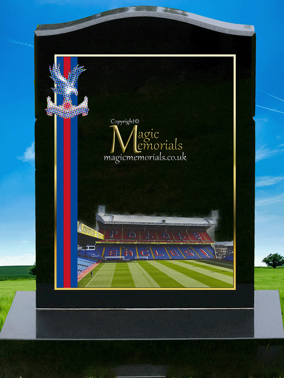 Crystal Palace Supporter Memorial Headstone crafted from premium granite, featuring high-resolution images and a personalised inscription. A meaningful tribute for devoted Eagles fans, fully customisable with names, dates, and heartfelt messages.