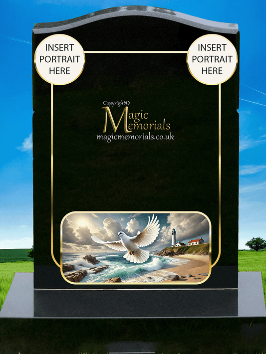 Dove memorial headstone crafted from premium granite, featuring a beautifully engraved dove in flight or at rest. A timeless tribute symbolising peace, love, and eternal serenity.