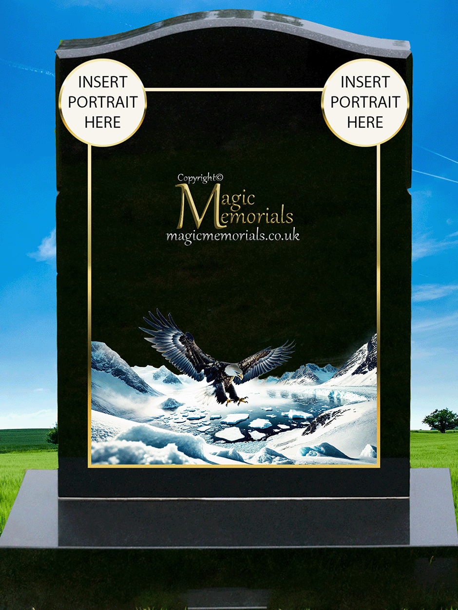 Eagle memorial headstone crafted from premium granite, featuring a detailed engraving of an eagle in flight or at rest. A powerful tribute symbolising strength, freedom, and resilience.
