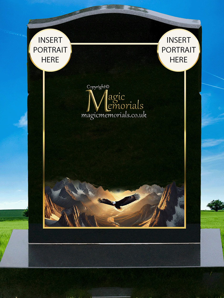 Eagle memorial headstone crafted from premium granite, featuring a detailed engraving of an eagle in flight or at rest. A powerful tribute symbolising strength, freedom, and resilience.