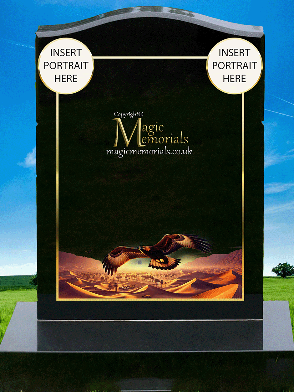 Eagle memorial headstone crafted from premium granite, featuring a detailed engraving of an eagle in flight or at rest. A powerful tribute symbolising strength, freedom, and resilience.