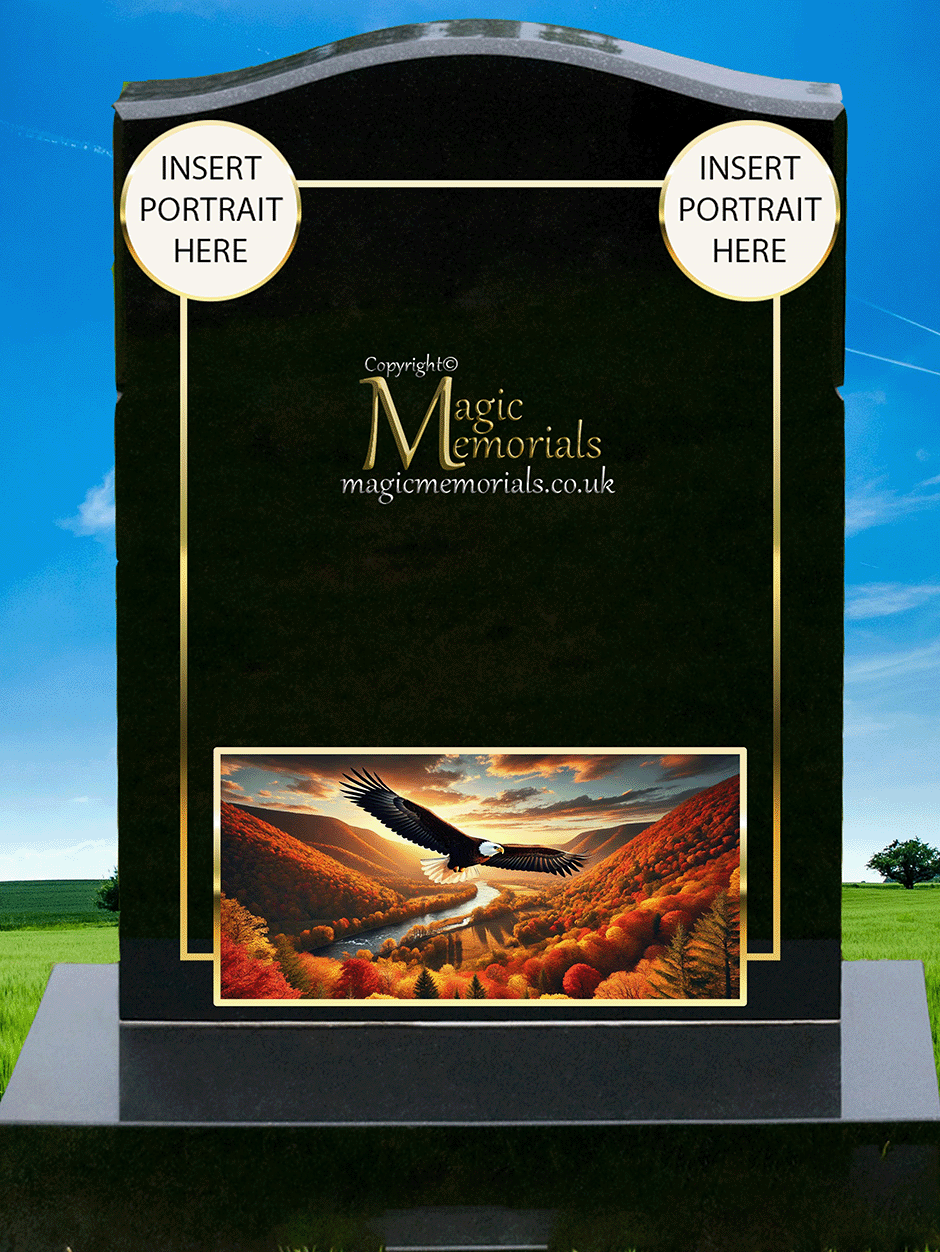 Eagle memorial headstone crafted from premium granite, featuring a detailed engraving of an eagle in flight or at rest. A powerful tribute symbolising strength, freedom, and resilience.