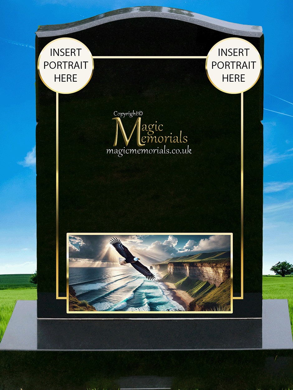 Eagle memorial headstone crafted from premium granite, featuring a detailed engraving of an eagle in flight or at rest. A powerful tribute symbolising strength, freedom, and resilience.