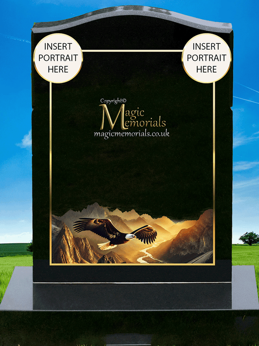 Eagle memorial headstone crafted from premium granite, featuring a detailed engraving of an eagle in flight or at rest. A powerful tribute symbolising strength, freedom, and resilience.