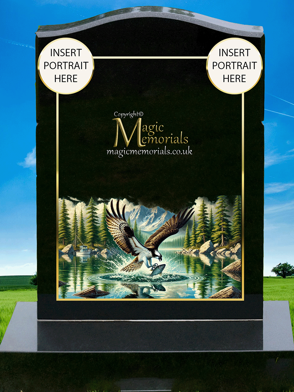 Eagle memorial headstone crafted from premium granite, featuring a detailed engraving of an eagle in flight or at rest. A powerful tribute symbolising strength, freedom, and resilience.