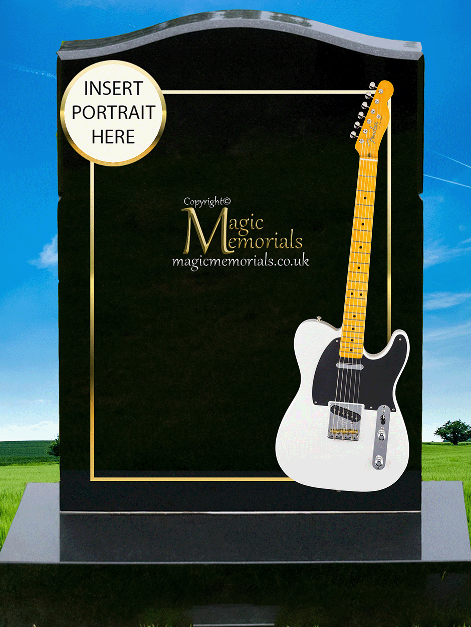 Guitarist memorial headstone crafted from premium granite, featuring high-resolution guitar imagery and personalised inscriptions. A fitting tribute for musicians and guitar lovers.