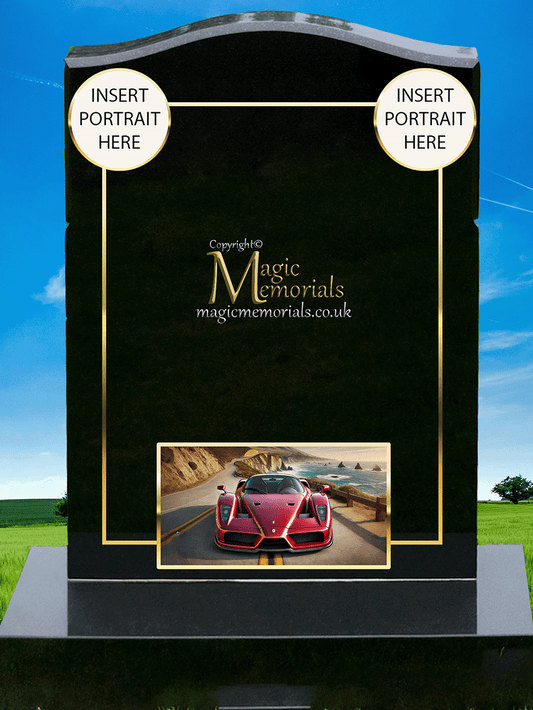Ferrari Enthusiast Memorial Headstone crafted from premium granite, featuring a beautifully engraved Ferrari-inspired design. A lasting tribute for motorsport fans and car lovers, fully customisable with inscriptions and artwork.