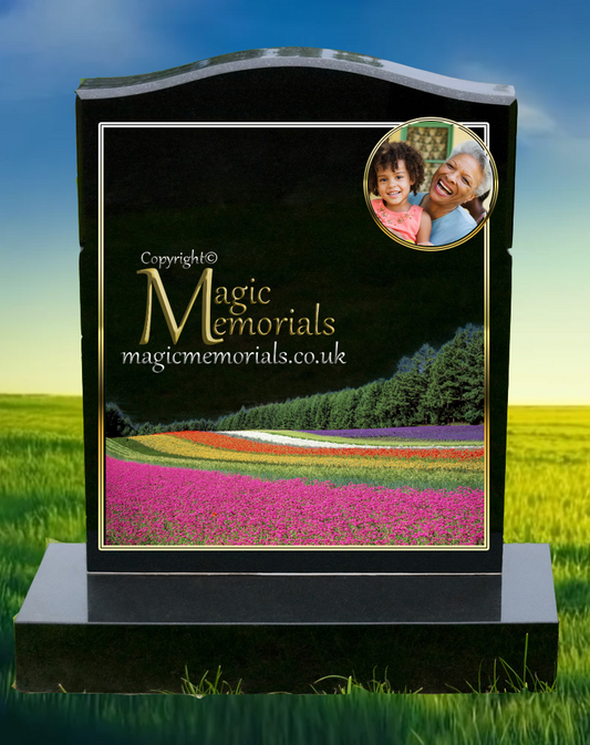 Memorial headstone featuring colourful flowers on premium granite, with high-resolution imagery and personalised inscription. A vibrant tribute to someone who appreciated floral beauty and nature.