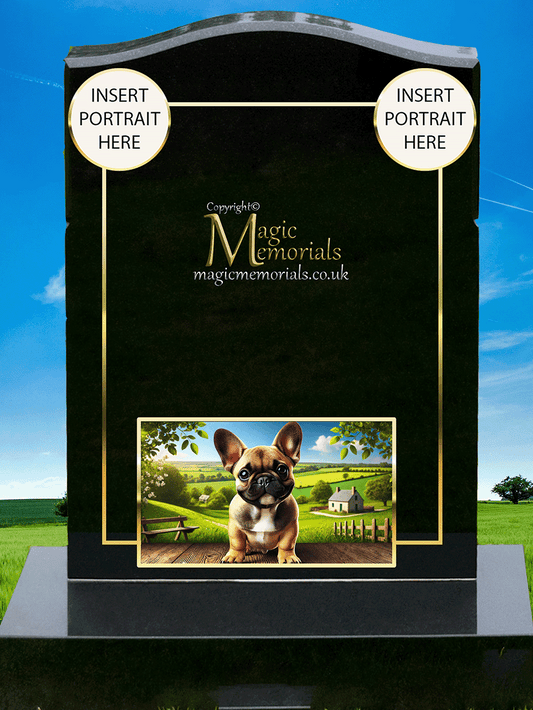 French Bulldog Lover Memorial Headstone crafted from premium granite, featuring high-resolution Frenchie imagery and a personalised inscription. A touching tribute for devoted French Bulldog owners and enthusiasts.