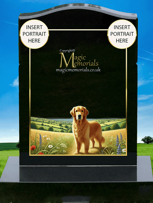 Golden Retriever Lover Memorial Headstone made from premium granite, featuring high-resolution Golden Retriever imagery and a personalised inscription. A timeless tribute for fans of this loving and loyal breed.