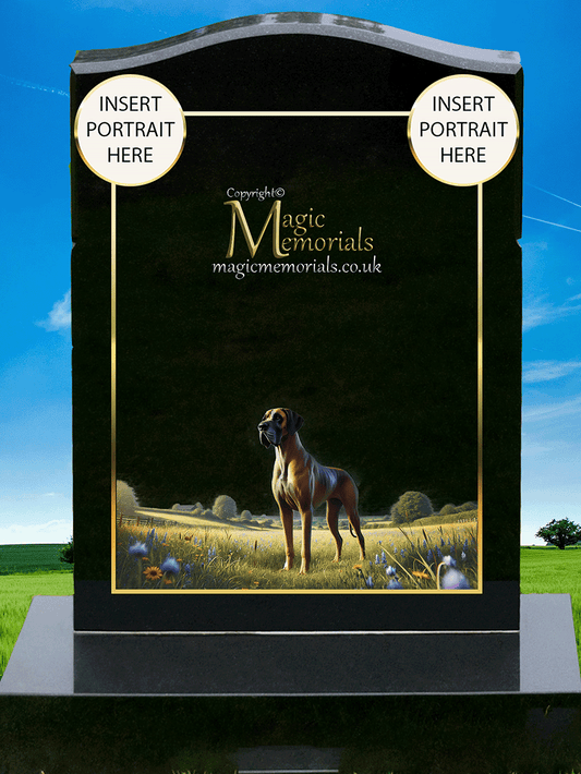 Great Dane Lover Memorial Headstone made from premium granite, featuring high-resolution Great Dane imagery and personalised inscriptions. A heartfelt tribute for those who loved these gentle giants.