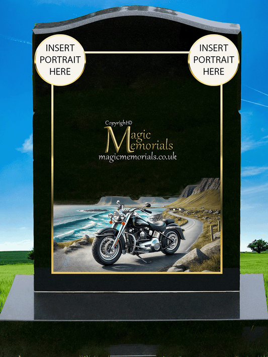 Harley-Davidson Enthusiast Memorial Headstone crafted from premium granite, featuring a beautifully engraved Harley-Davidson motorcycle or emblem. A meaningful tribute for bikers and motorcycle lovers, fully customisable with inscriptions and artwork.