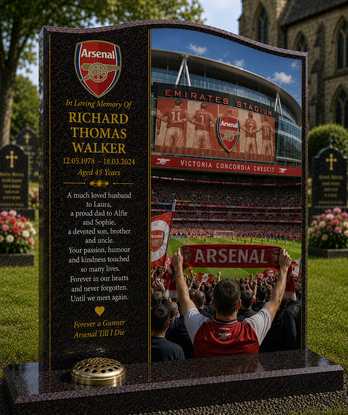 Arsenal Football Headstone Memorial Design 3, personalised memorial design by Magic Memorials, HD0567