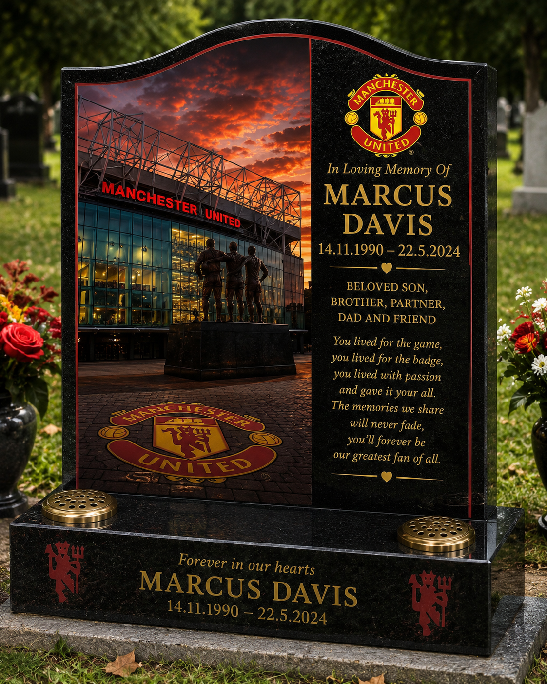 Manchester United Football Headstone Memorial Design 2, personalised memorial design by Magic Memorials, HD0586