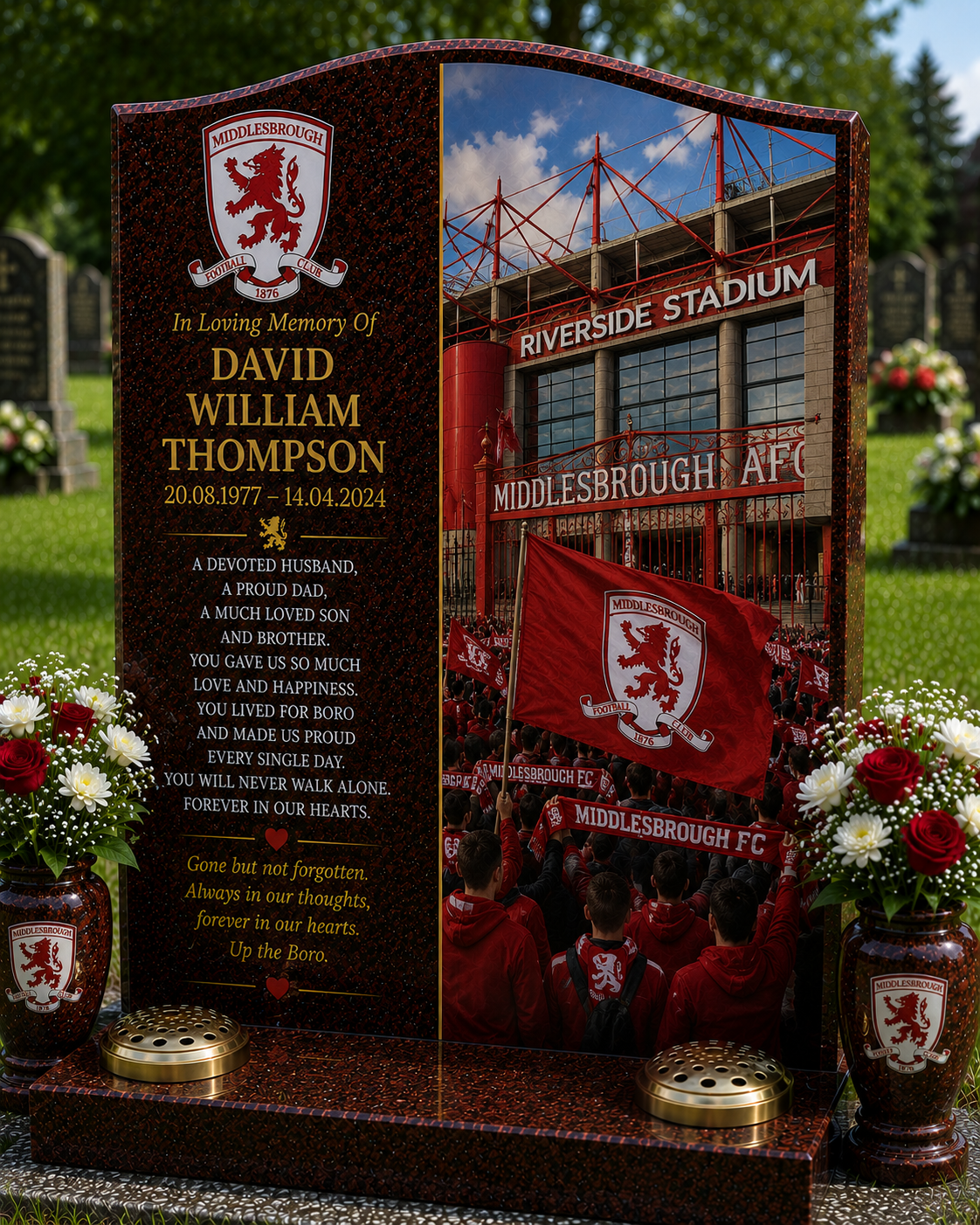 Middlesbrough Football Headstone Memorial Design 2, personalised memorial design by Magic Memorials, HD0589
